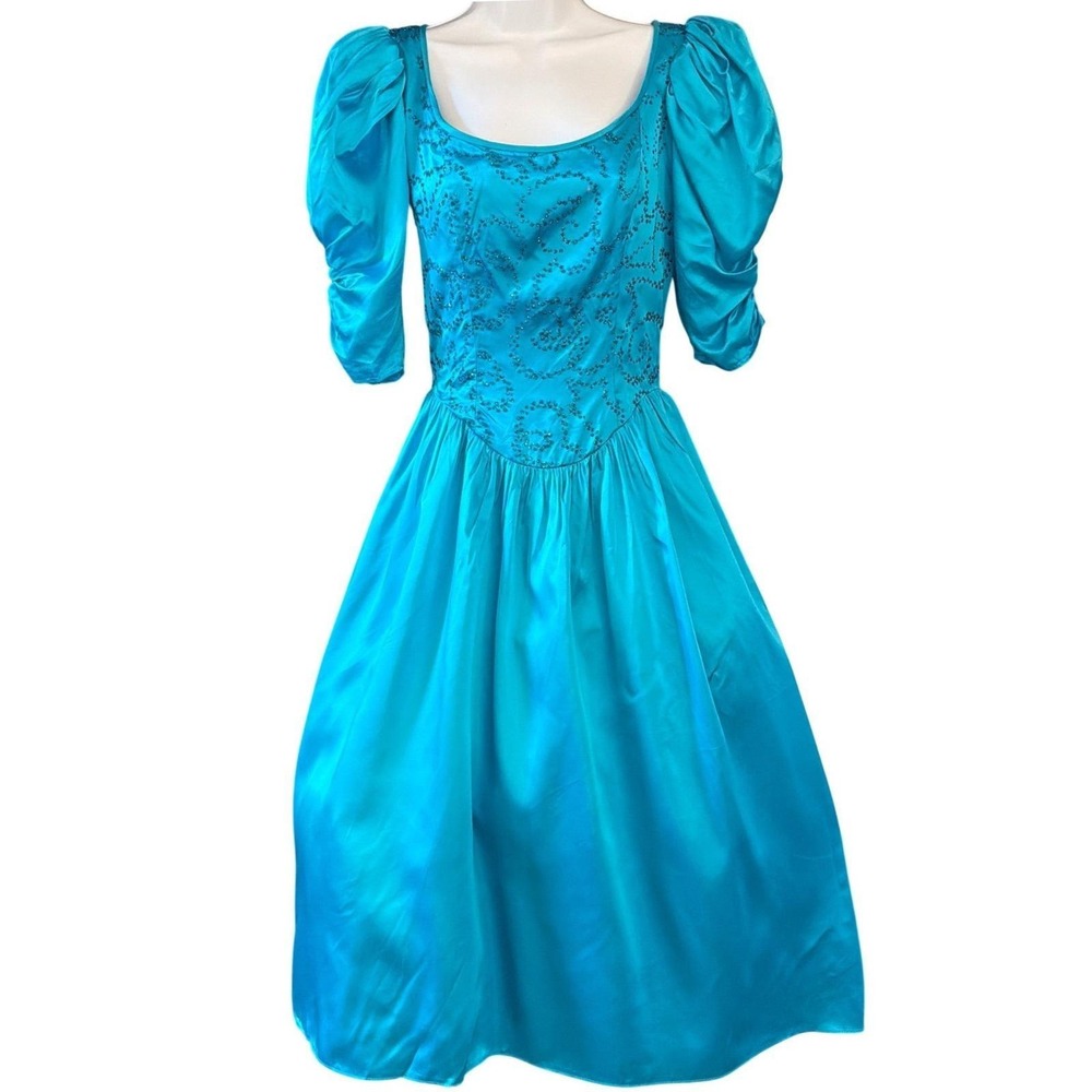 80s Gunne Sax Dress Turquoise Satin Beaded Prom Princesscore Romantic Glam